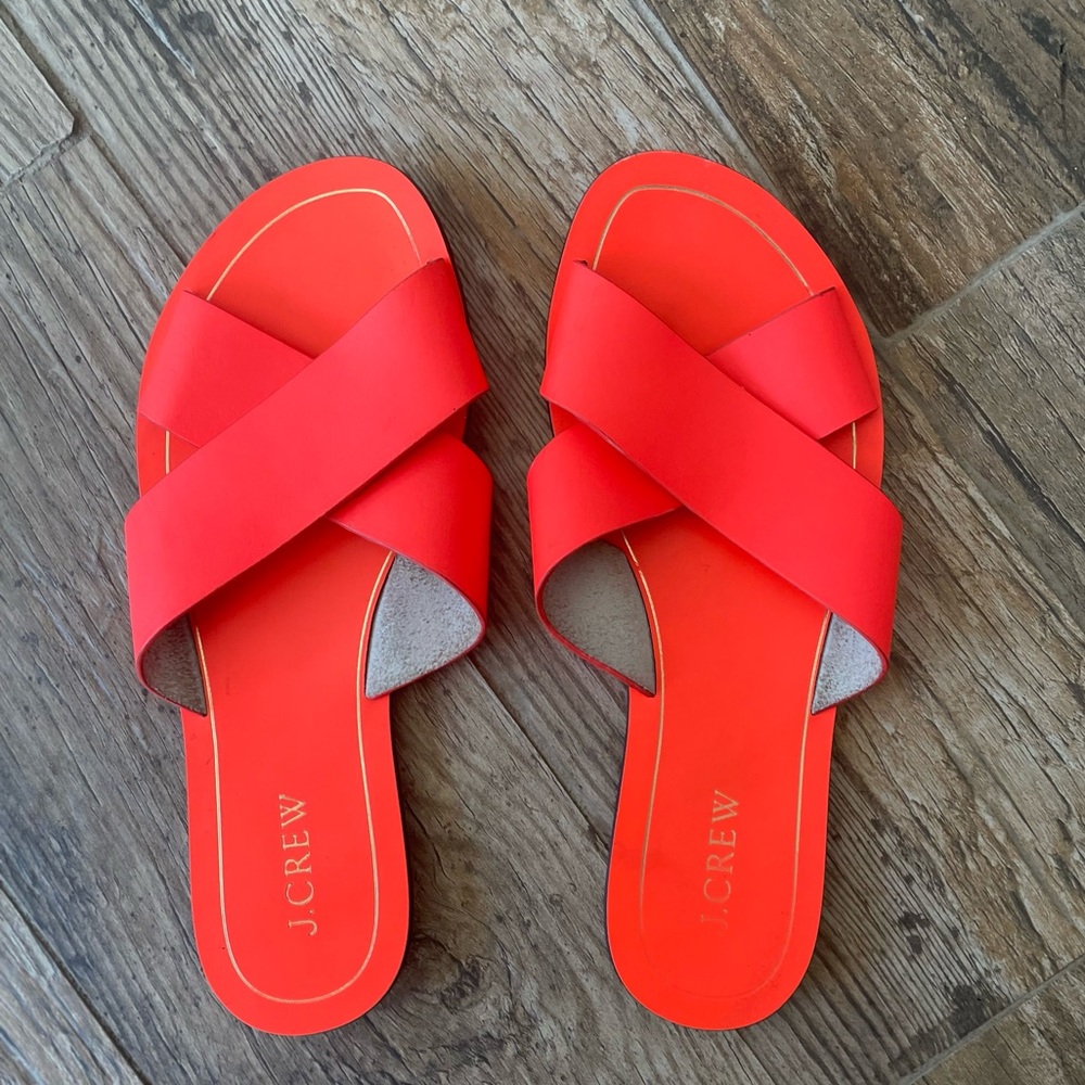 J. Crew Slides Sandals Neon Orange Leather Criss Cross Strap Flats Womens Size 7